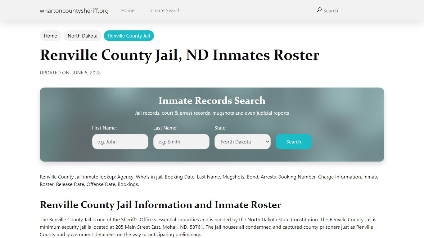 Renville County Jail, ND Jail Roster, Name Search