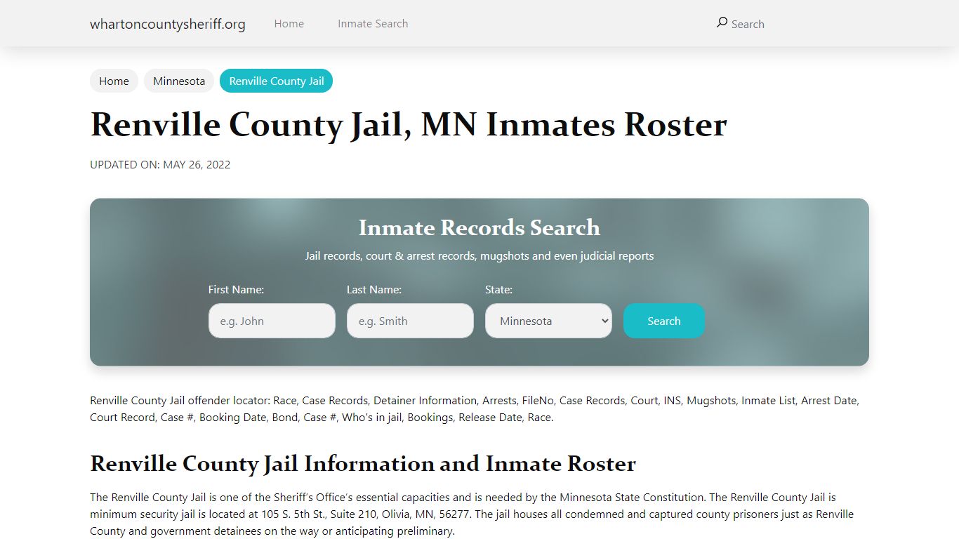 Renville County Jail, MN Jail Roster, Name Search